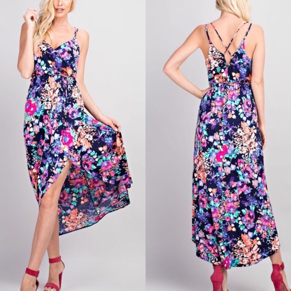 2 LEFT! Navy & Purple floral Wrap Maxi Dress - Picture 3 of 3